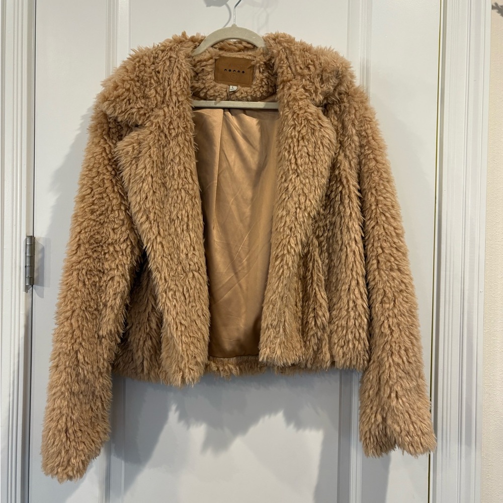 BlankNYC Tan Faux Fur Teddy Cropped Open-Front Jacket